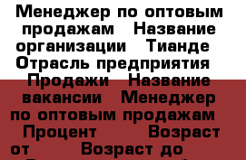 Менеджер по оптовым продажам › Название организации ­ Тианде › Отрасль предприятия ­ Продажи › Название вакансии ­ Менеджер по оптовым продажам. › Процент ­ 54 › Возраст от ­ 20 › Возраст до ­ 60 - Волгоградская обл., Волгоград г. Работа » Вакансии   . Волгоградская обл.